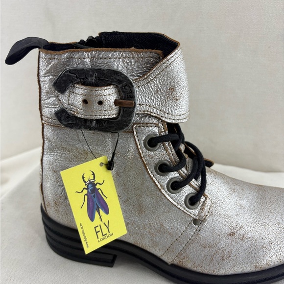 Fly London Kara Silver Metallic Lace-Up Buckle Boot size 38 NIB - Picture 6 of 10